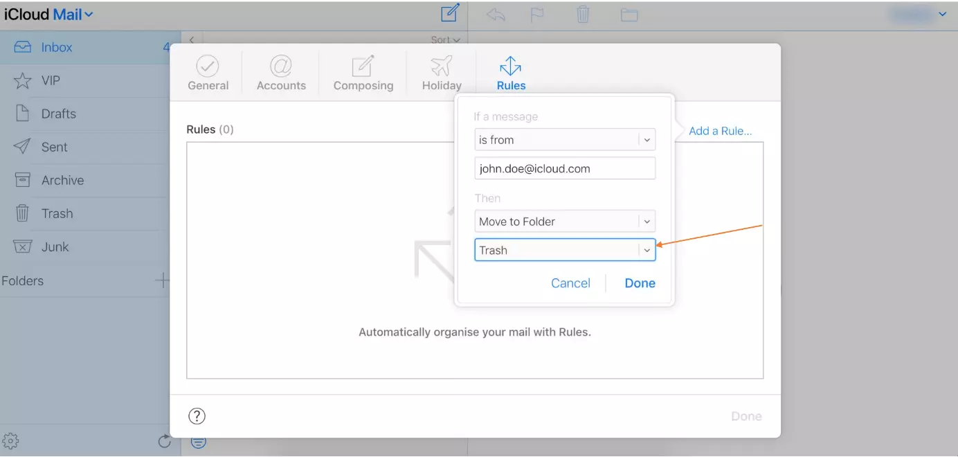 Image: Creating rules in iCloud to block emails