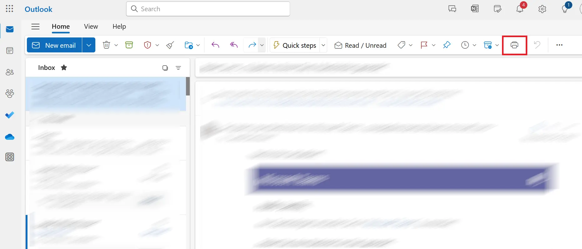 Home menu of Outlook on the web with a red square indicating where the Print option is Image: Home menu of Outlook on the web with a red square indicating where the Print option is