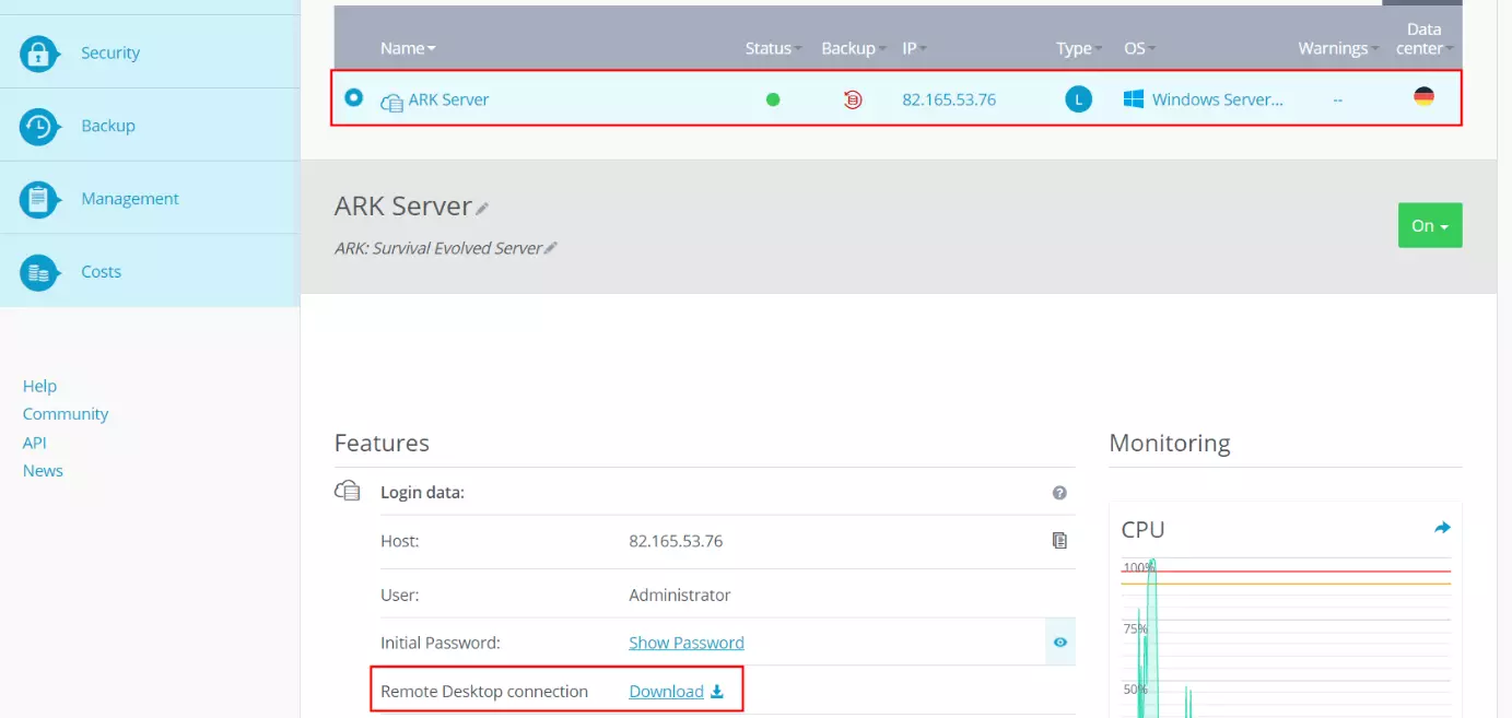 Image: IONOS Cloud Panel: Server information and access data