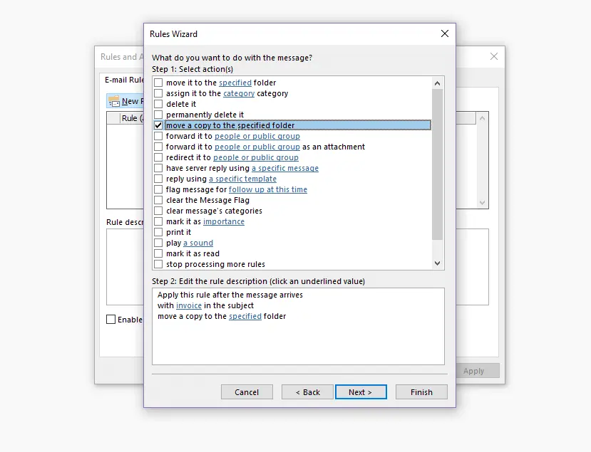 Outlook Rules Wizard: Selecting an action Image: Outlook Rules Wizard: Selecting an action