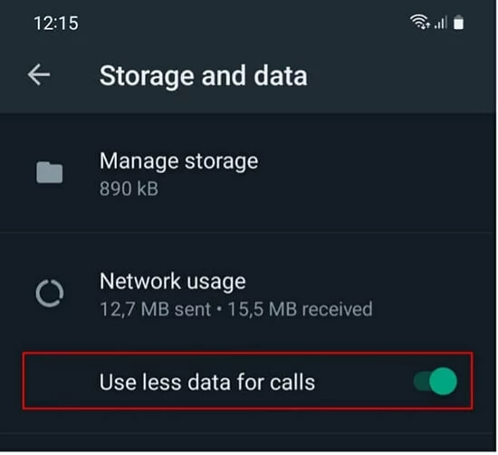 Image: WhatsApp: Move the “Use less data for calls” slider in “Storage and data” to the right