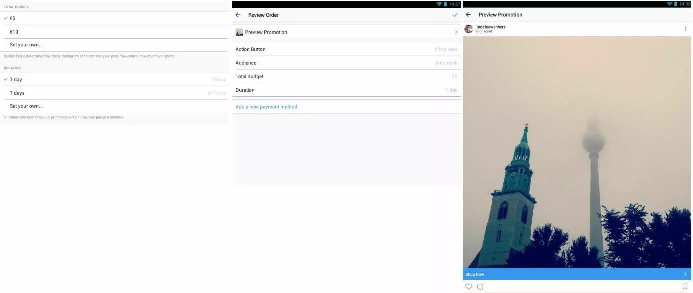 Instagram ad manager menu for setting budget and duration