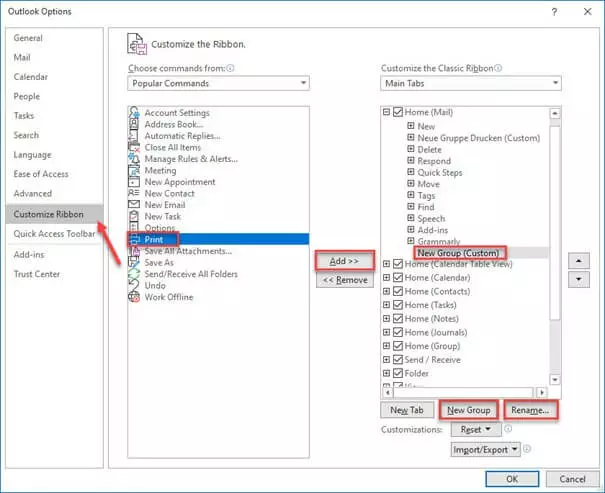 “Customize Ribbon” window in Outlook with its two columns of menus