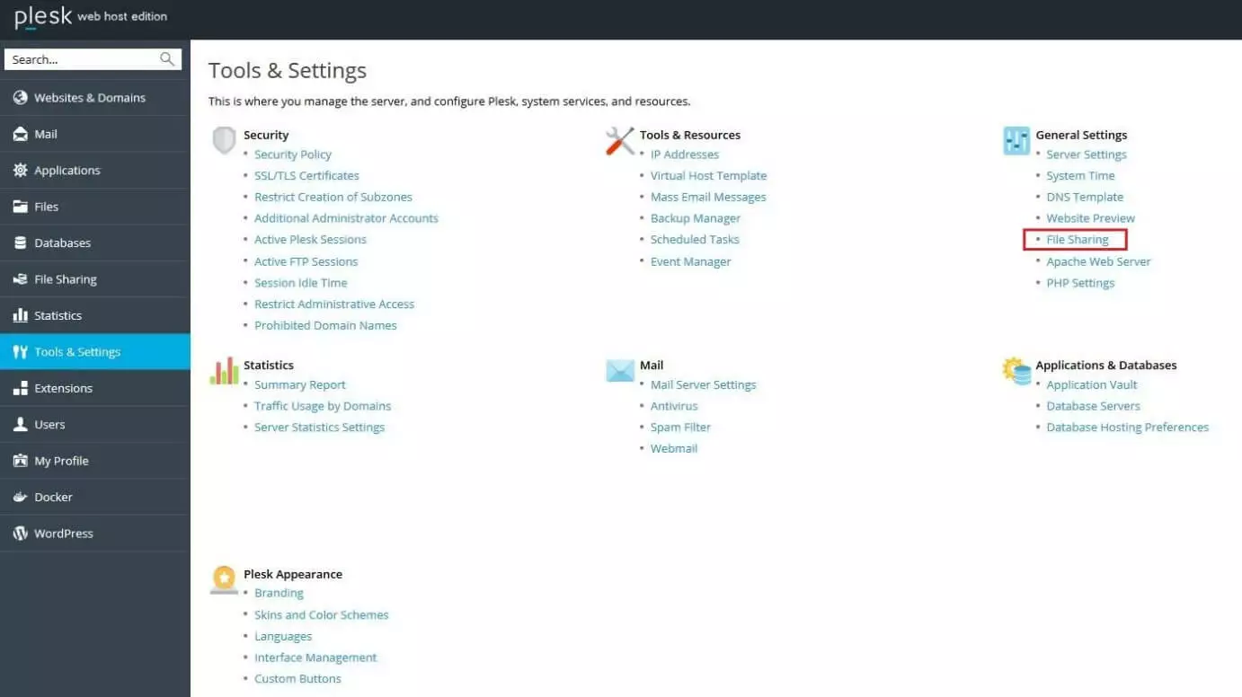 Image: Plesk web host edition: Tools & Settings