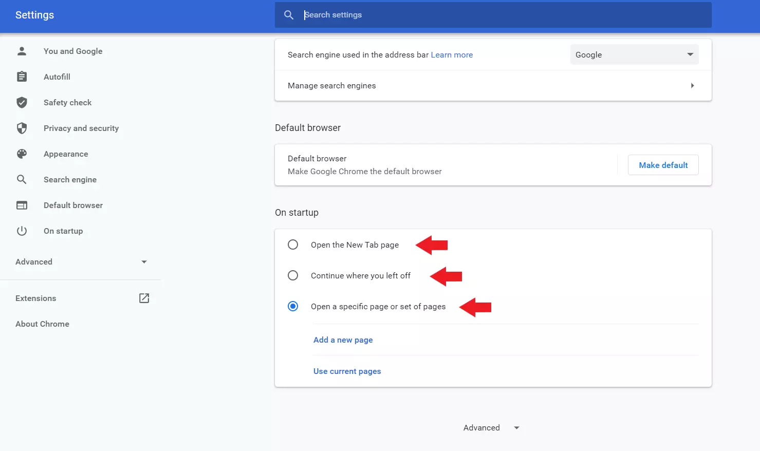 Chrome gives you three options to set your Chrome homepage