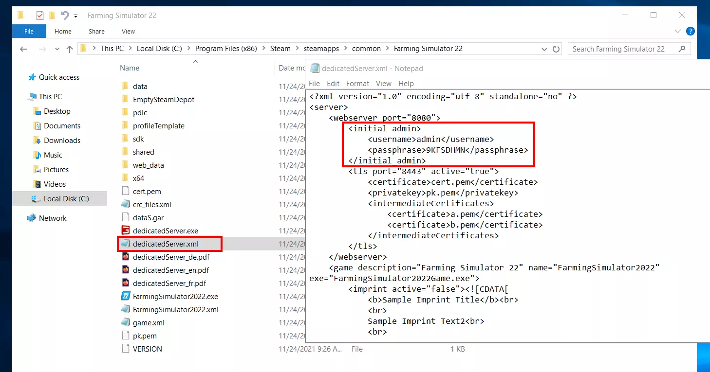 dedicatedServer.xml of Farming Simulator 22