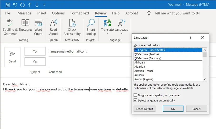 Outlook: Spell checker language overview Image: Outlook: Spell checker language overview