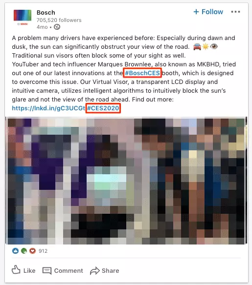 Image: Bosch uses event hashtags related to CES on LinkedIn