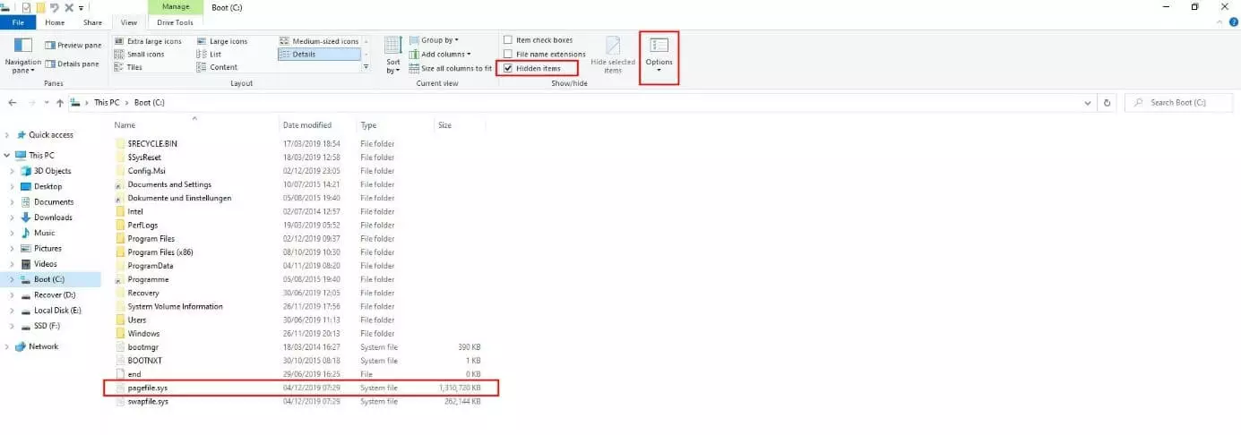 Image: pagefile.sys in Windows 10 File Explorer