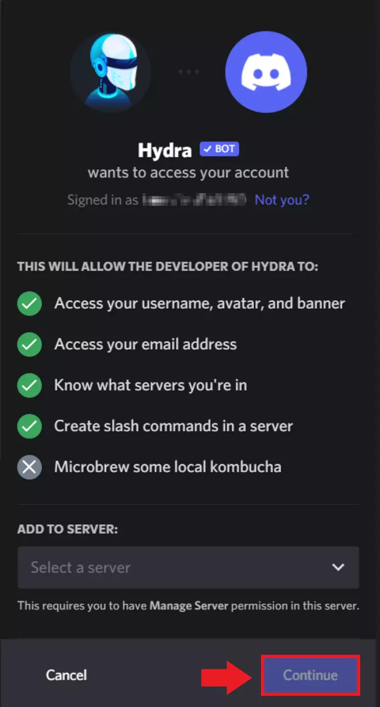 Select the relevant server and then click “Continue”