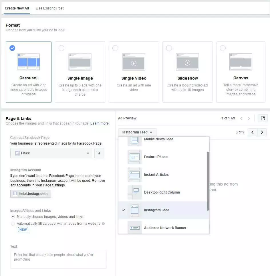 Facebook ad manager interface, ad preview with Instagram option