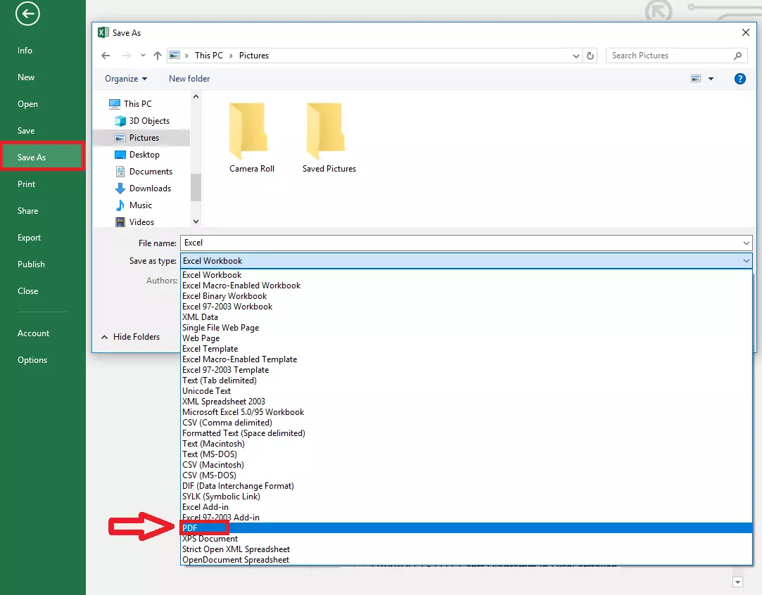 Image: Screenshot of MS Excel “Save As” and file type selection