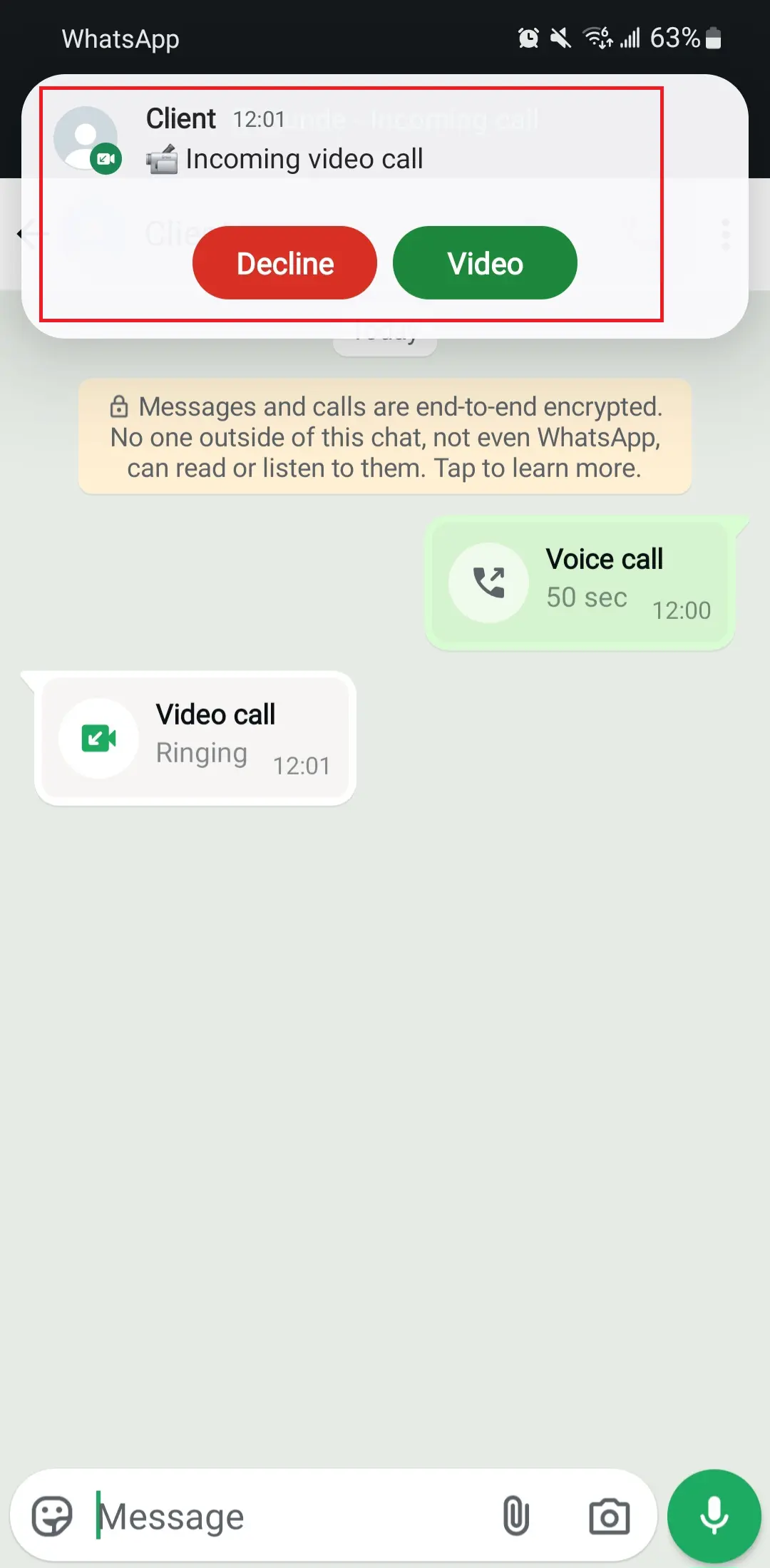 Image: Android: “Decline” or “Video” an incoming WhatsApp video call
