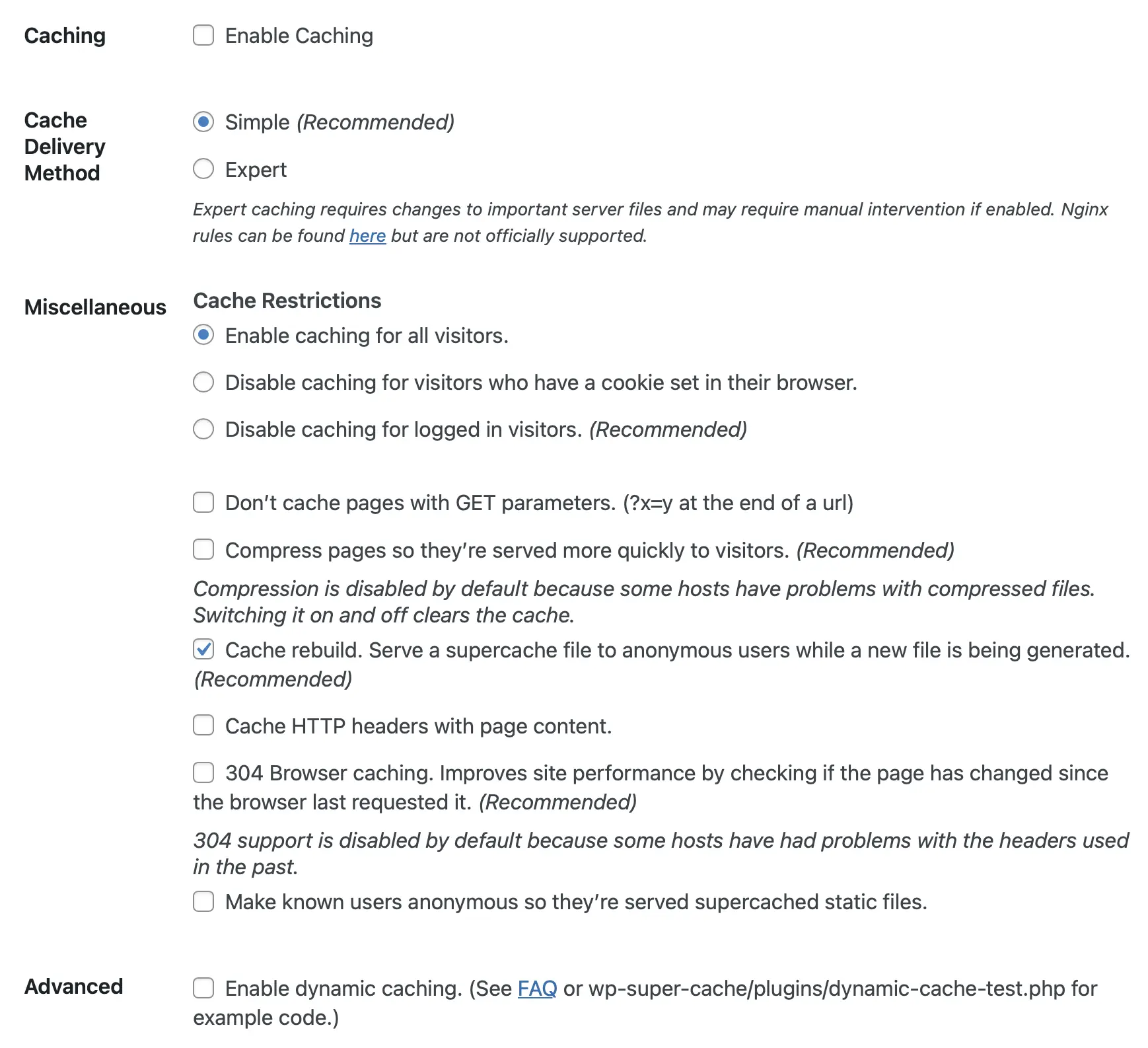 Image: Backend settings of the WP Super Cache WordPress caching plugin