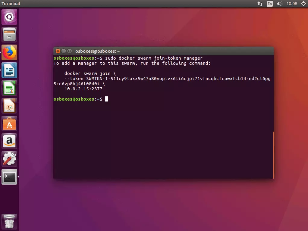 Image: The command “docker swarm join-token manager” in the Ubuntu terminal