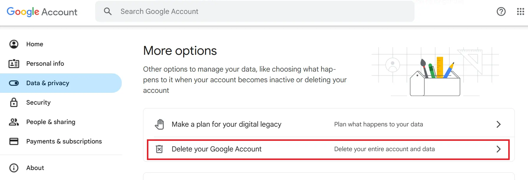 Image: “Delete your Google Account” option