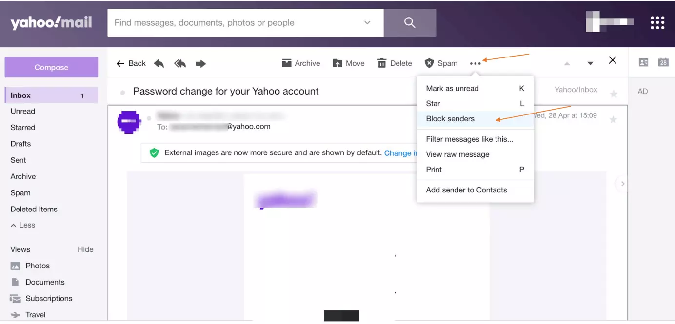Image: Yahoo options for blocked mail
