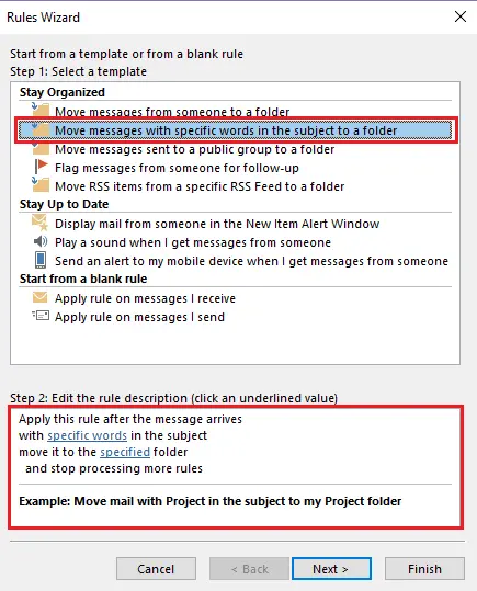 Outlook Rules Wizard: Selecting rule template Image: Outlook Rules Wizard: Selecting rule template