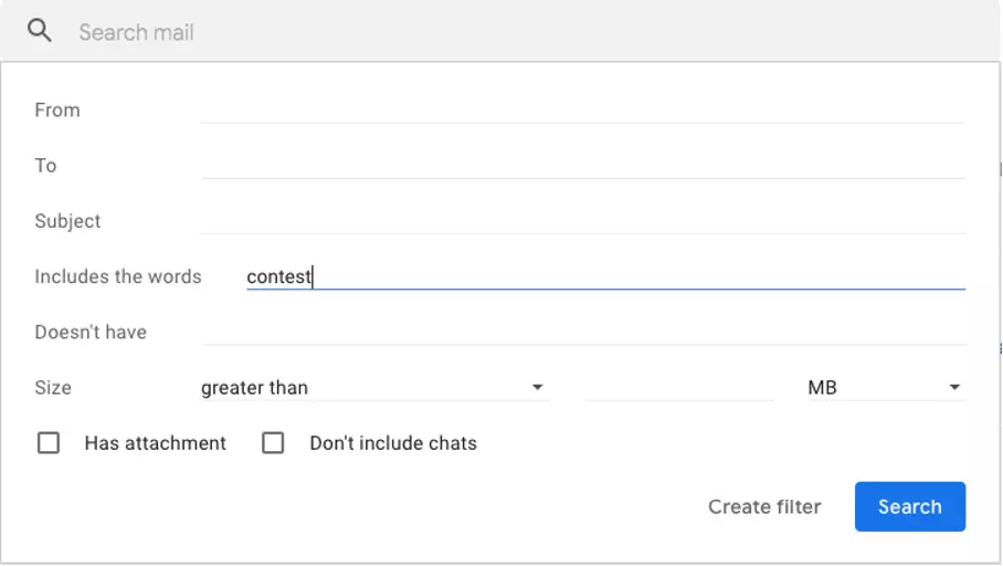 Screenshot of Gmail filter selection options