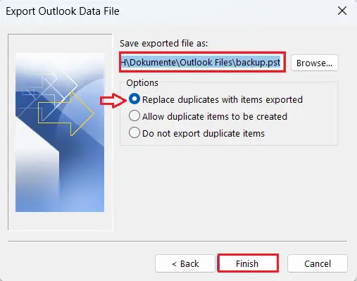 Image: Outlook Import and Export Wizard: Exported file location