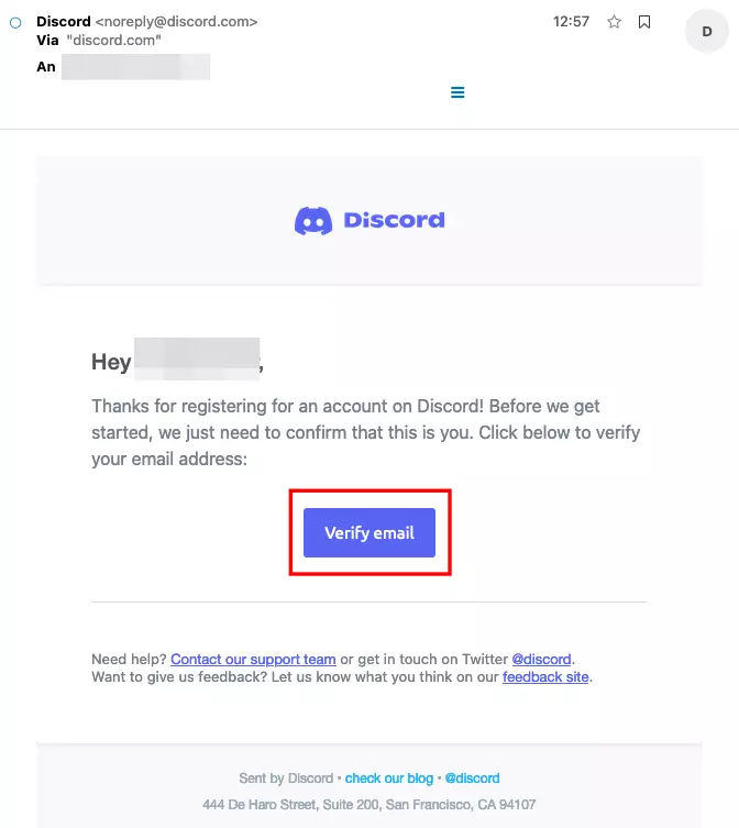 Verification email for Discord signup