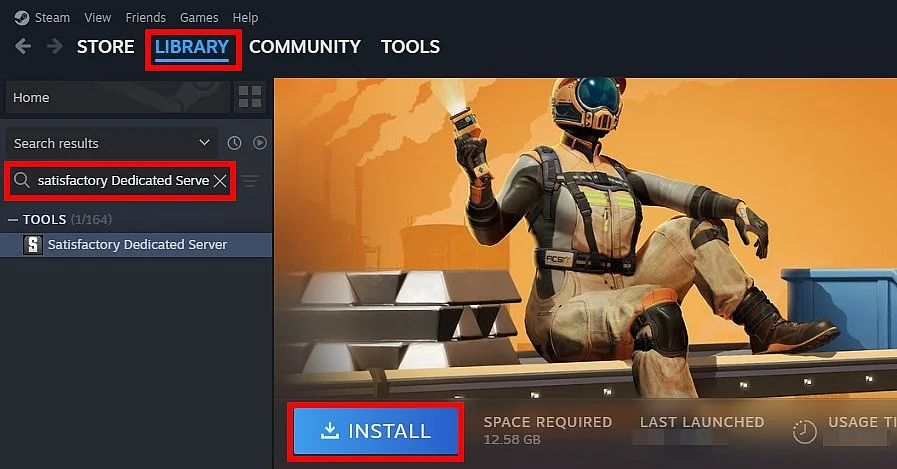Steam client: Installing the Satisfactory dedicated server software Image: Steam client: Installing the Satisfactory dedicated server software