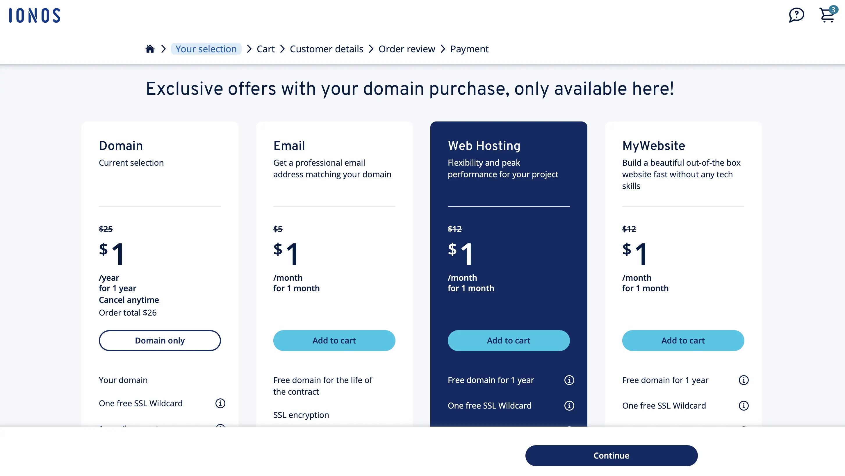 Image: Screenshot of product selection at IONOS