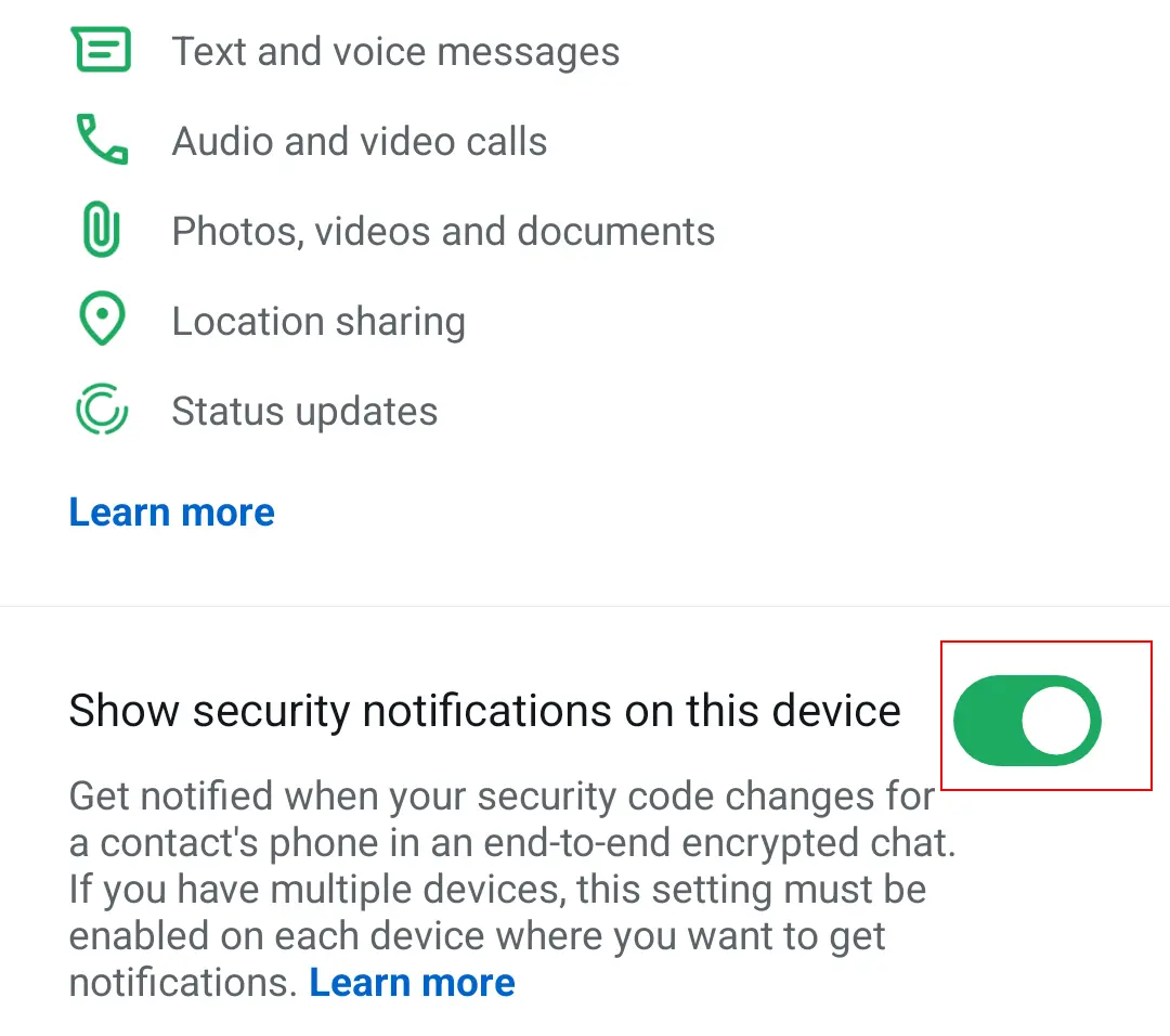Android screenshot of security options in WhatsApp account settings Image: Android screenshot of security options in WhatsApp account settings