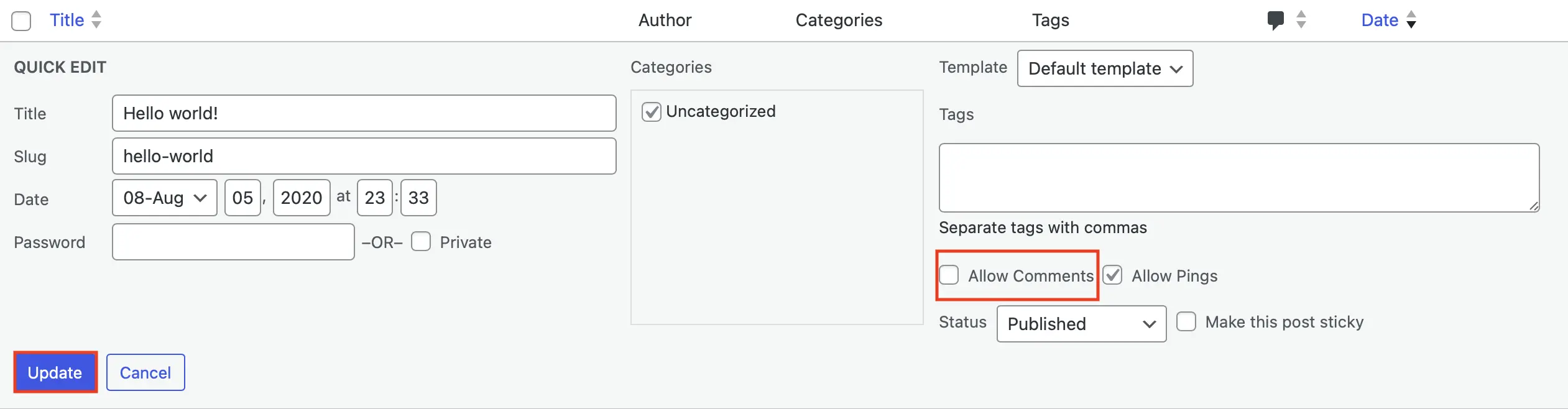 “Quick Edit” settings page for a post, with “Allow Comments” option Image: “Quick Edit” settings page for a post, with “Allow Comments” option