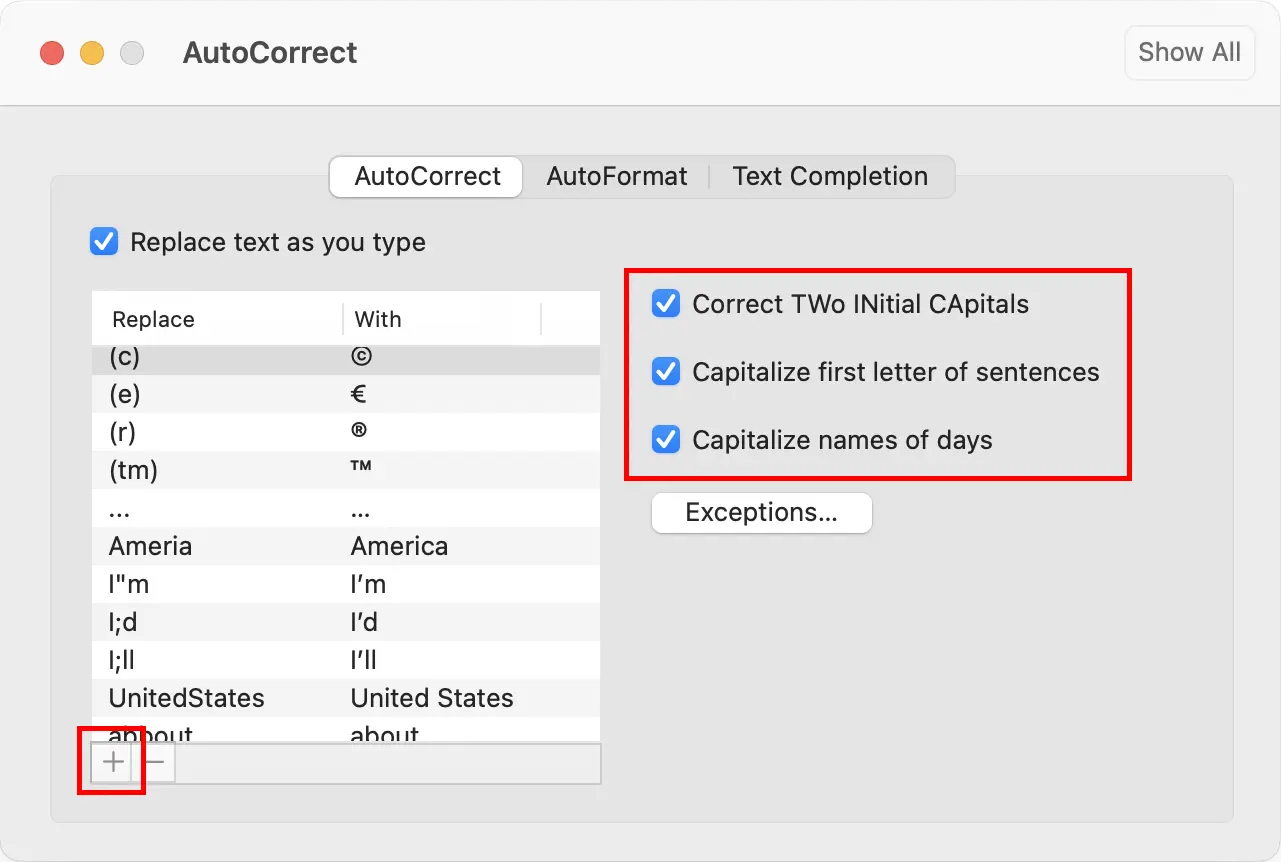 Image: Outlook for Mac: AutoCorrect options
