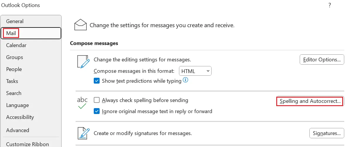 Image: Outlook mail menu