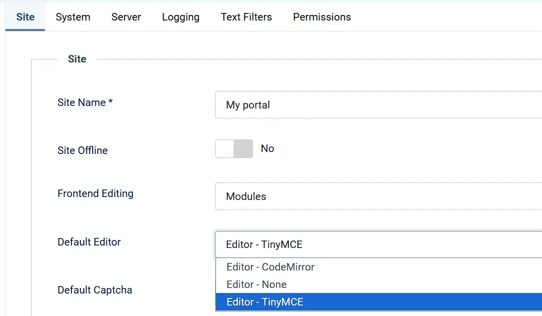 “Site” tab in the Joomla configuration menu Image: “Site” tab in the Joomla configuration menu