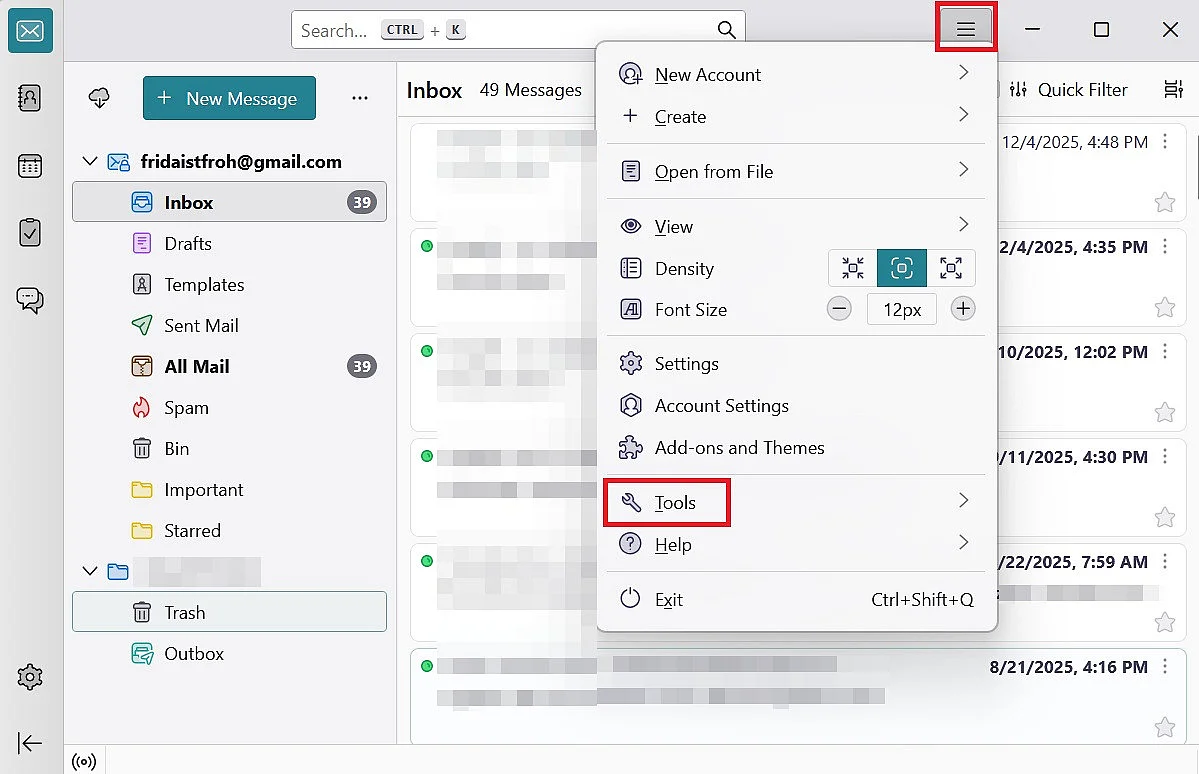 Image: Set up Thunderbird out-of-office: “Tools” menu