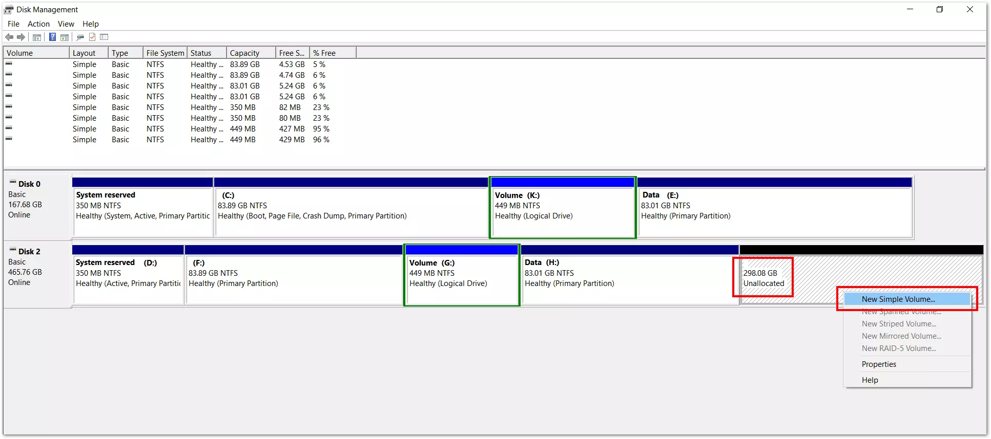 Windows 10 Disk Management: Window for creating simple volumes