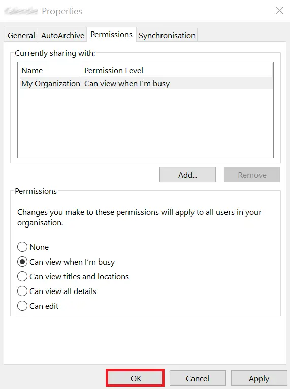 Image: Outlook: Sharing properties