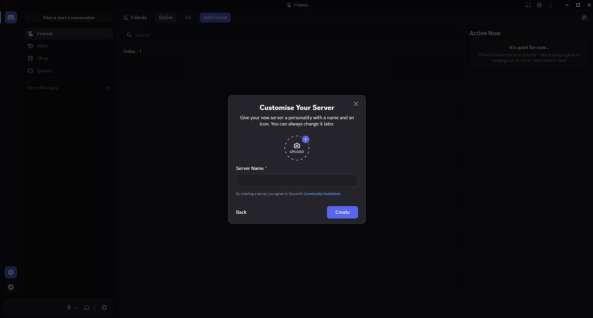 Give your server a name and click “Create” Image: Give your server a name and click “Create”