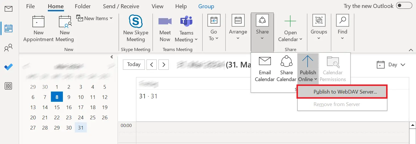 Image: Outlook: Calendar view toolbar in the “Home” tab