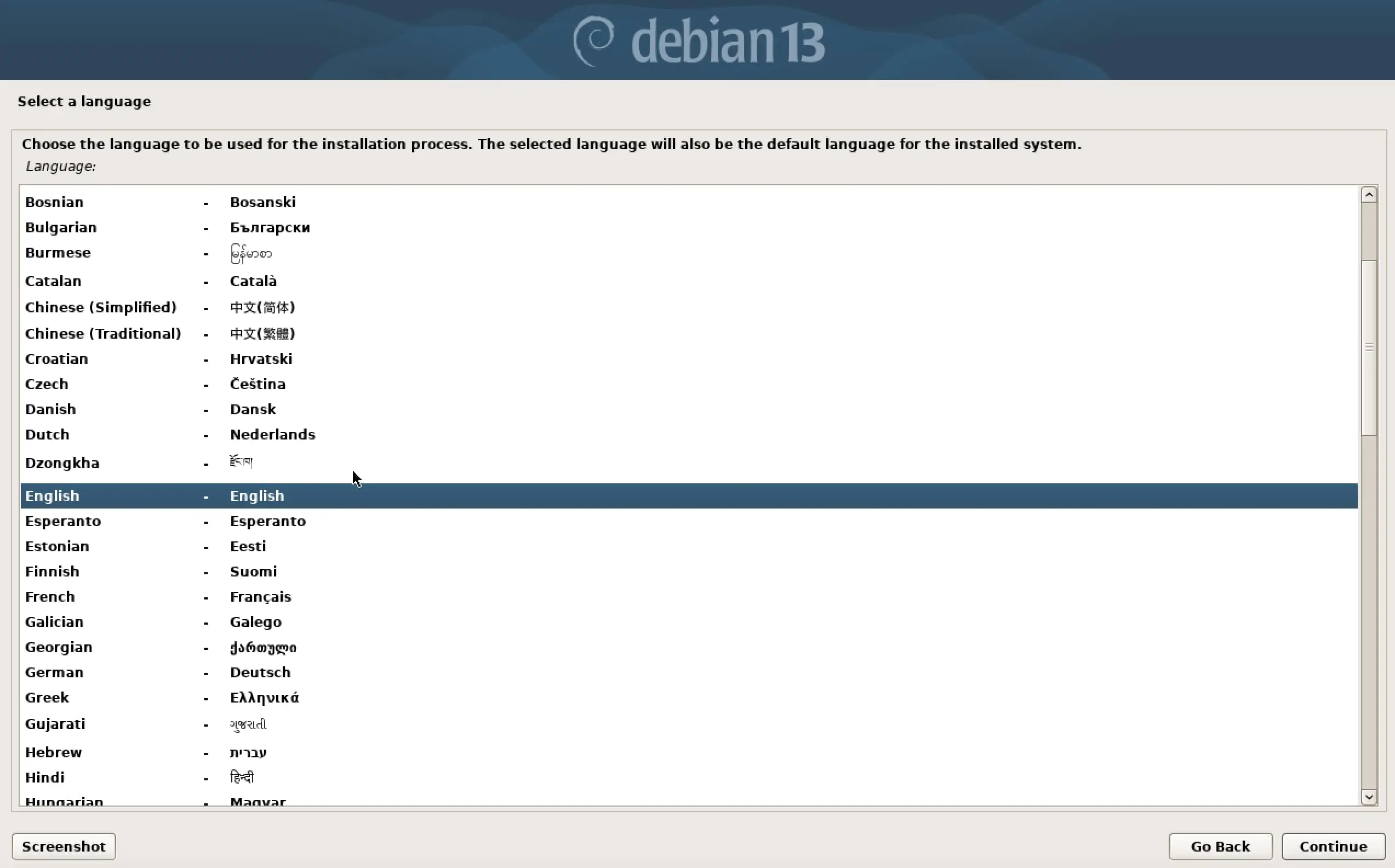 Screenshot of Debian 13 installation: Language Selection Image: Screenshot of Debian 13 installation: Language Selection