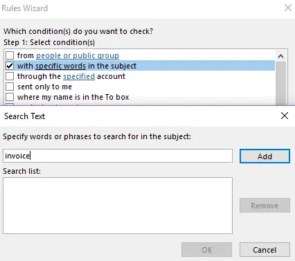 Outlook Rules Wizard: Editing the rule condition Image: Outlook Rules Wizard: Editing the rule condition