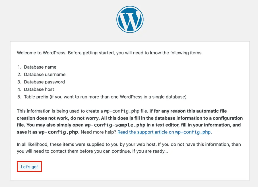 Screenshot of the WordPress installation prompt Image: Screenshot of the WordPress installation prompt
