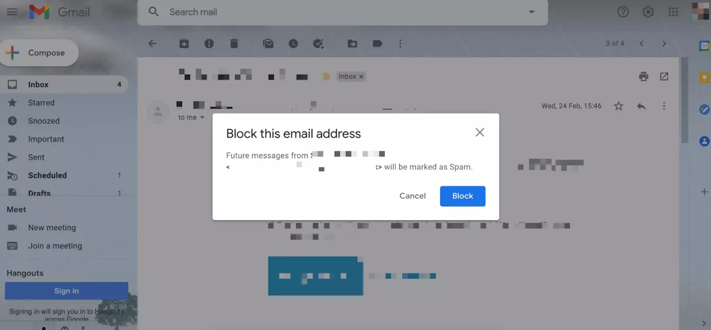 Image: Gmail: “Block this email address” dialog