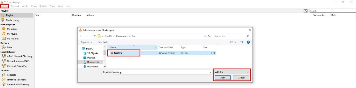 Image: Open a TMP file with VLC Media Player