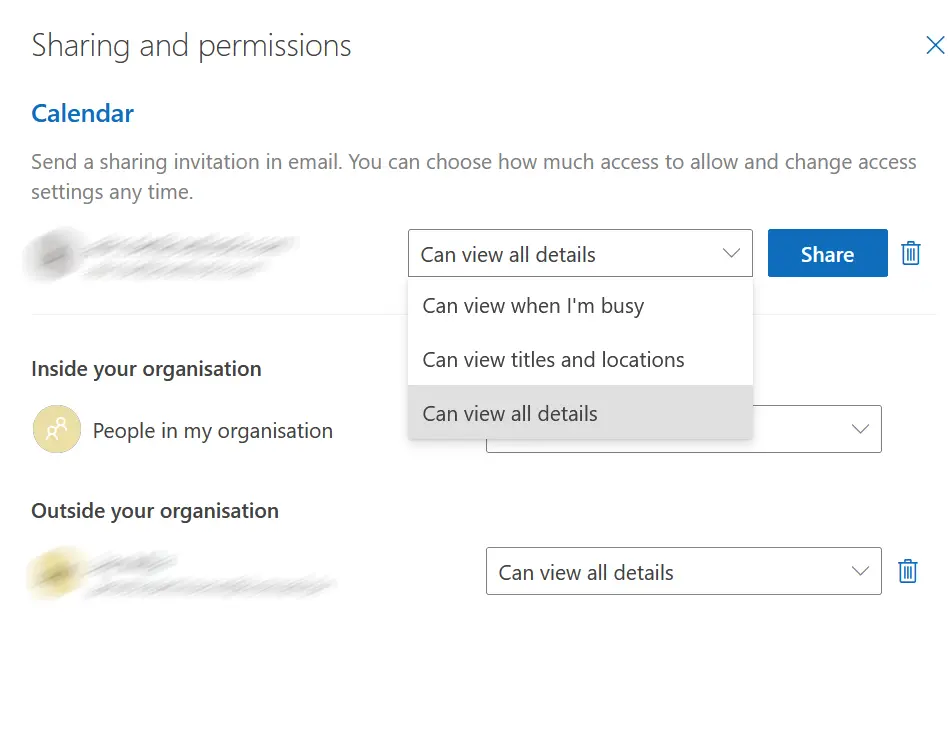 Image: Outlook on the web: Authorization settings for sharing a calendar