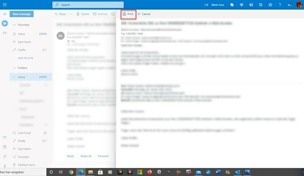 Email preview before clicking on the “Print” option