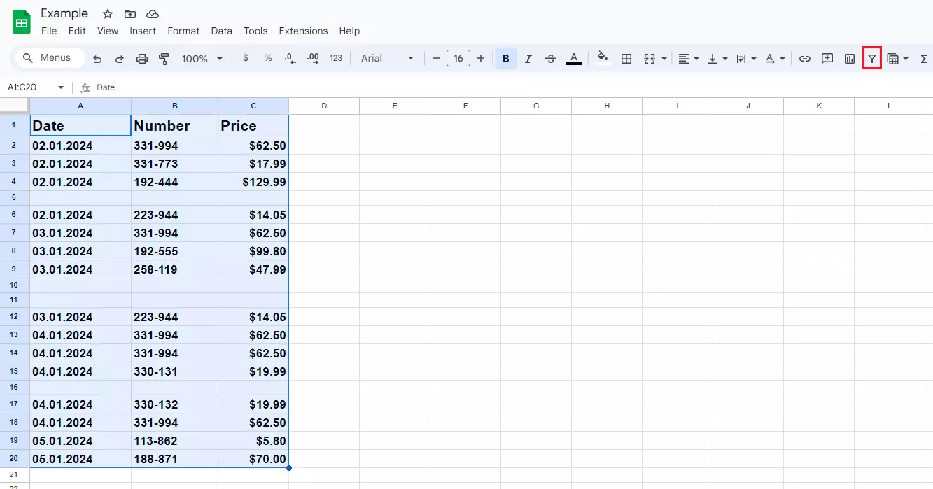 Screenshot of a filter in Google Sheets Screenshot of a filter in Google Sheets