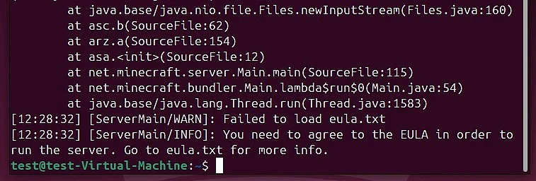 Image: Minecraft server on Linux showing an error on first start