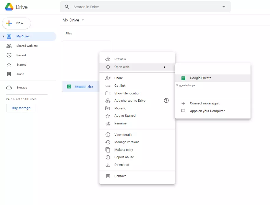 Image: Google Drive: options for uploaded files