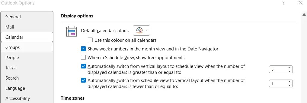Outlook options: Calendar settings Image: Outlook options: Calendar settings