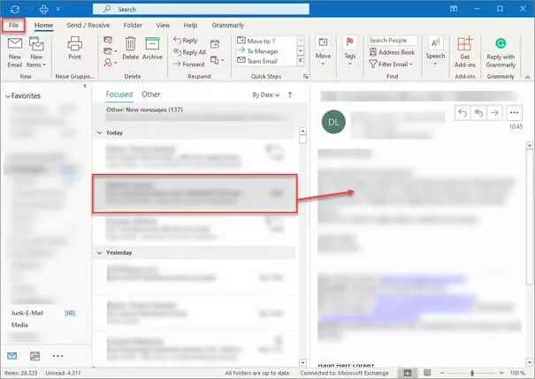 Outlook “File” tab and the email selected for printing