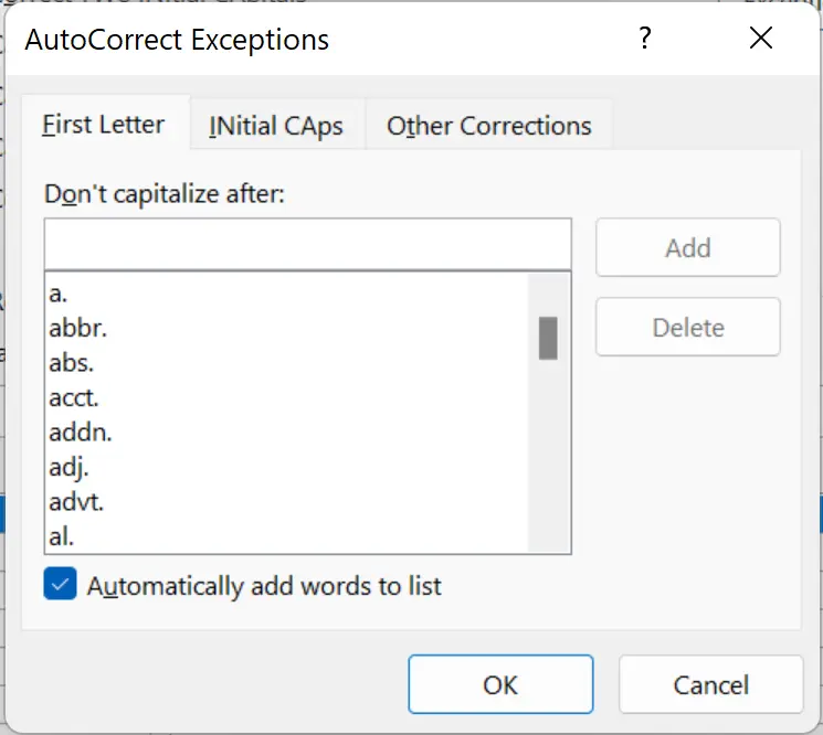 Image: Outlook for Windows: AutoCorrect exceptions